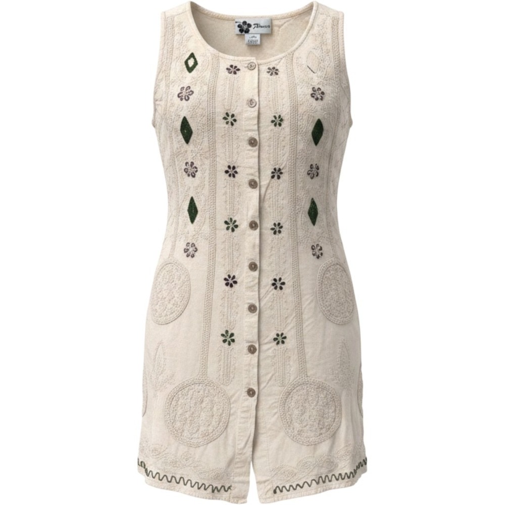 Flower Embroidered Button Front Tunic Dress Free Size Ivory Cream Boho